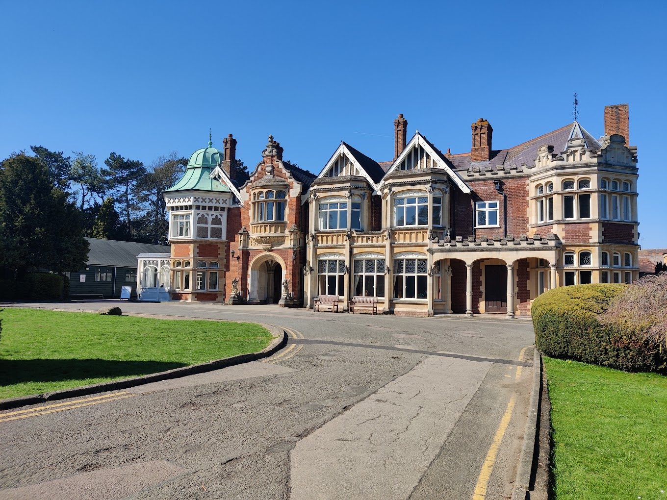 Exterior view of Bletchley Park Mansion, the historic World War II code-breaking centre.